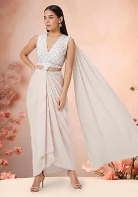 White Sequin Embroidered Blouse Georgette  Pre Draped Saree Set