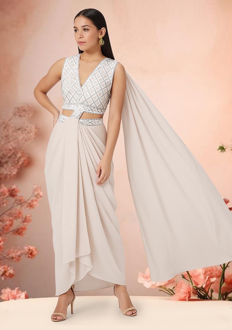 White Sequin Embroidered Blouse Georgette Pre Draped Saree Set