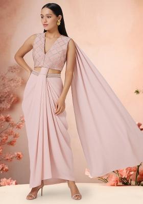 Peach Sequin Embroidered Blouse Georgette  Pre Draped Saree Set