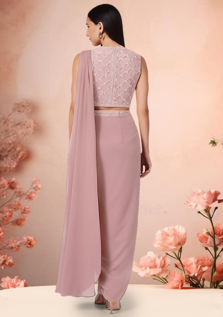 Peach Sequin Embroidered Blouse Georgette  Pre Draped Saree Set - Indya