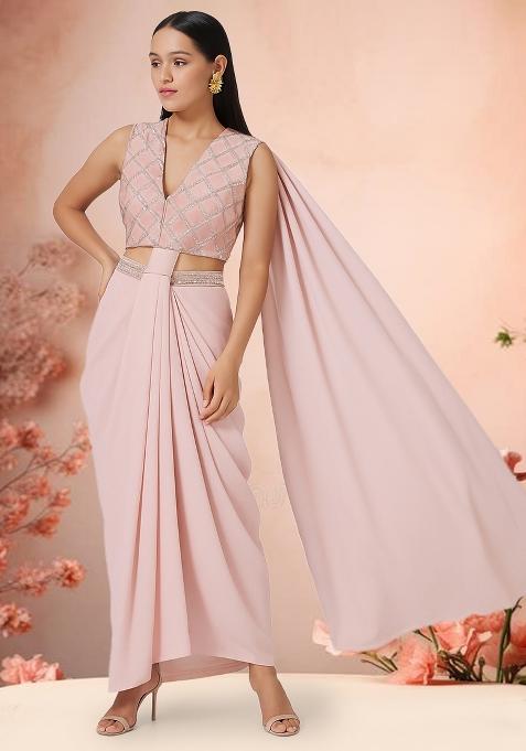 Peach Sequin Embroidered Blouse Georgette  Pre Draped Saree Set