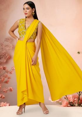 Yellow Sequin Embroidered Blouse Georgette Pre Draped Saree Set