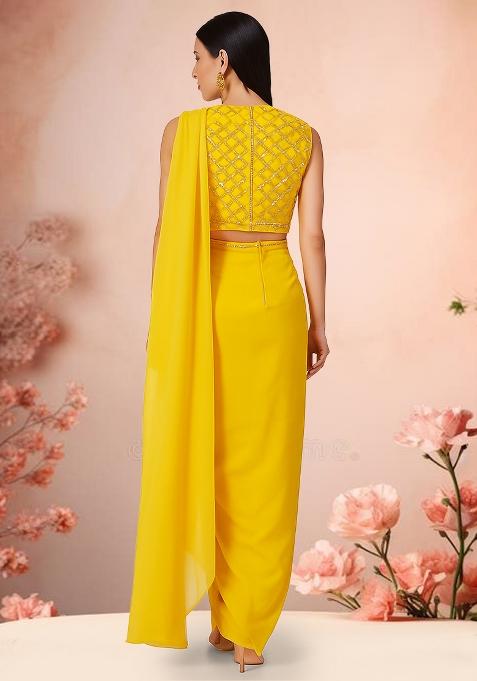 Yellow Sequin Embroidered Blouse Georgette Pre Draped Saree Set