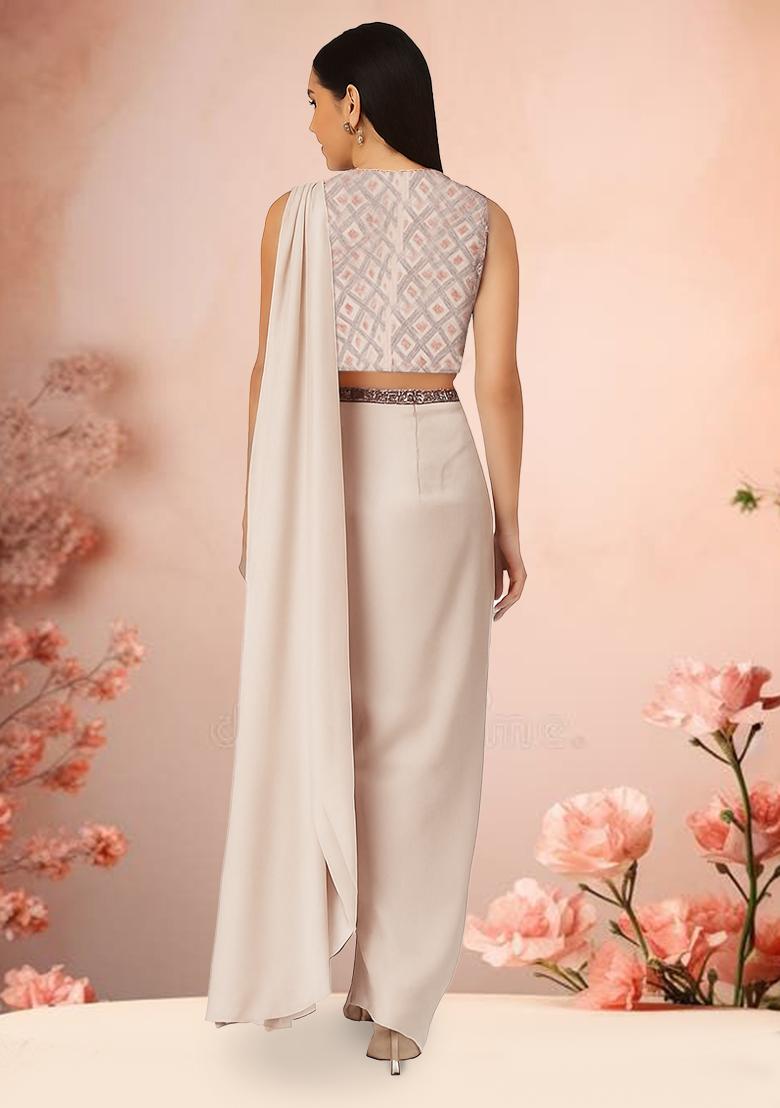 Light Peach Sequin Embroidered Blouse Georgette Pre Draped Saree Set - Indya