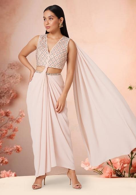 Light Peach Sequin Embroidered Blouse Georgette Pre Draped Saree Set