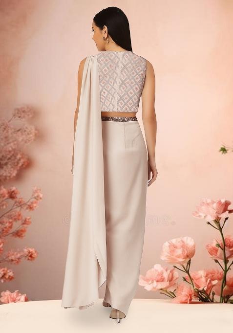 Light Peach Sequin Embroidered Blouse Georgette Pre Draped Saree Set