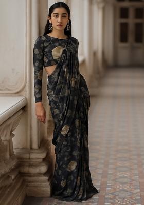 Blue Floral Printed Chiffon Pre Draped Saree Set