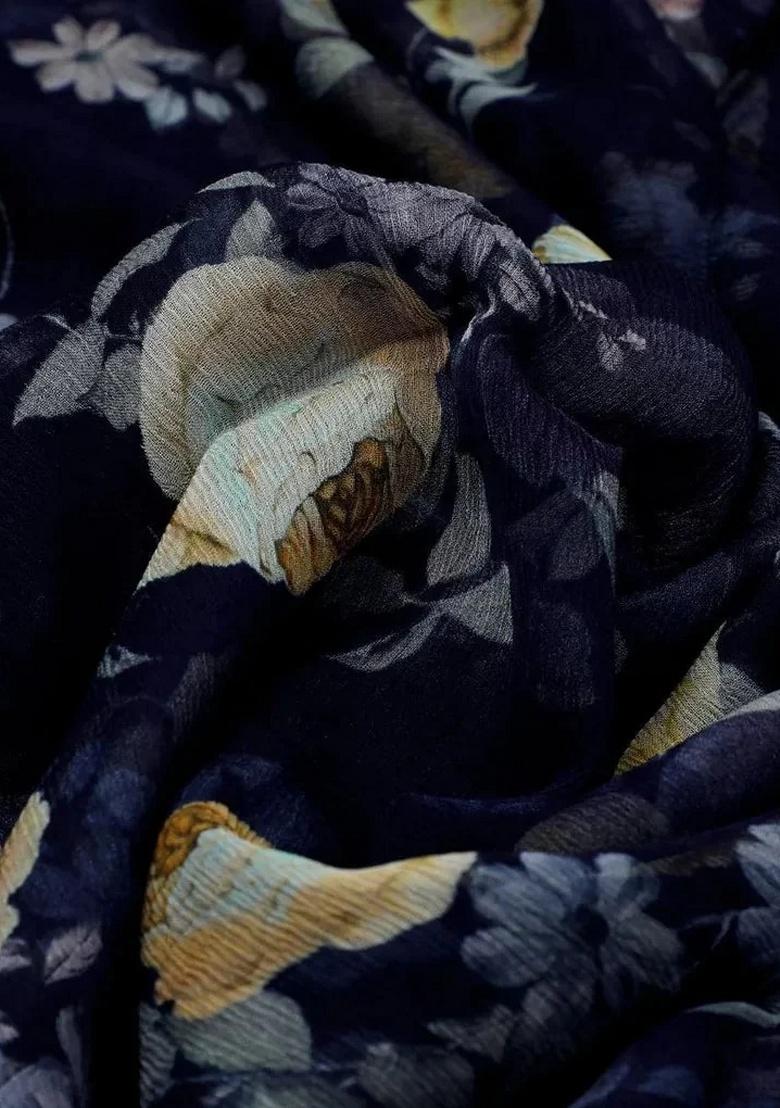 Blue Floral Printed Chiffon Pre Draped Saree Set