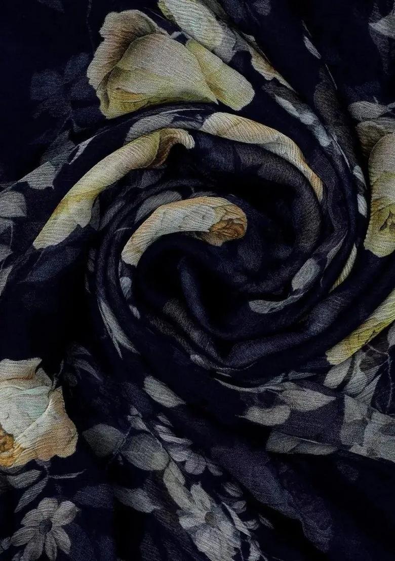 Blue Floral Printed Chiffon Pre Draped Saree Set