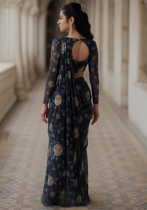 Blue Floral Printed Chiffon Pre Draped Saree Set