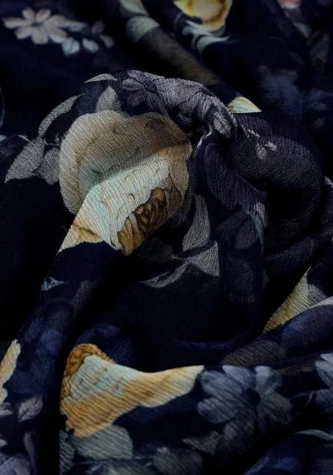 Blue Floral Printed Chiffon Pre Draped Saree Set