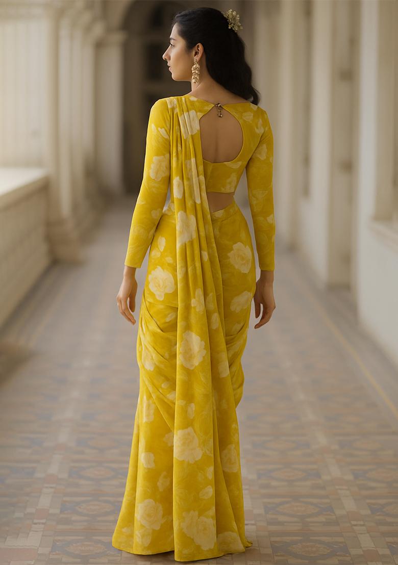 Yellow Floral Printed Chiffon Pre Draped Saree Set - Indya