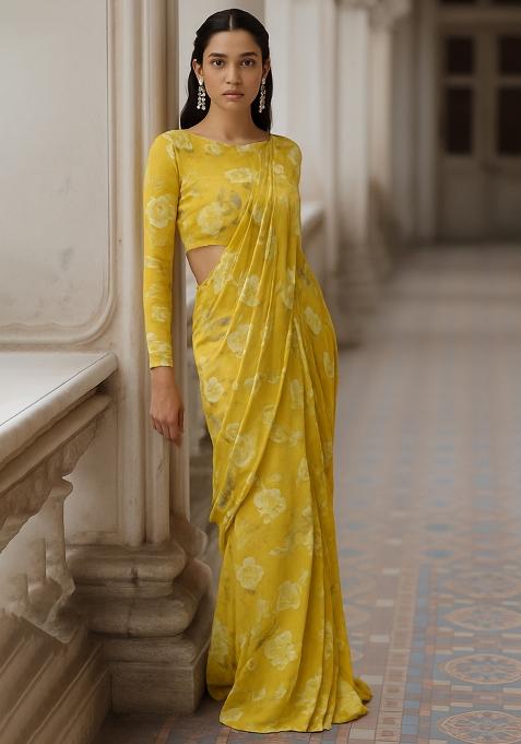 Yellow Floral Printed Chiffon Pre Draped Saree Set