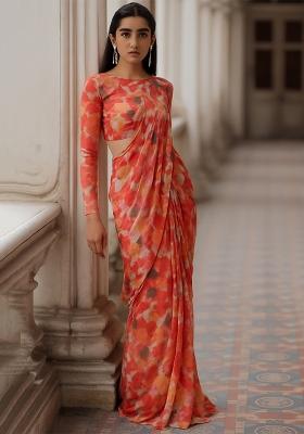Orange Floral Printed Chiffon Pre Draped Saree Set