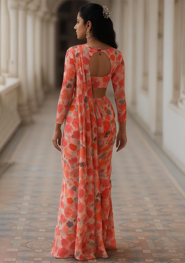 Orange Floral Printed Chiffon Pre Draped Saree Set - Indya