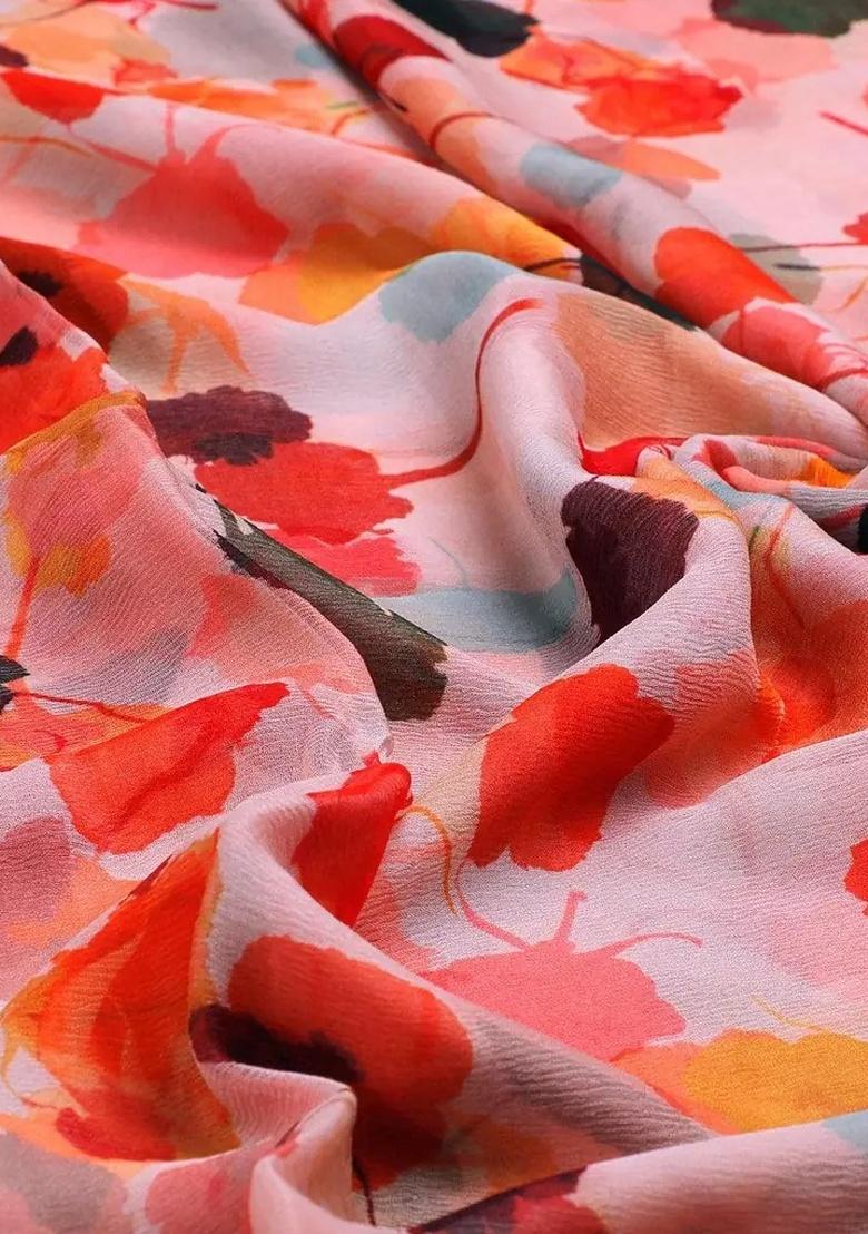 Orange Floral Printed Chiffon Pre Draped Saree Set - Indya