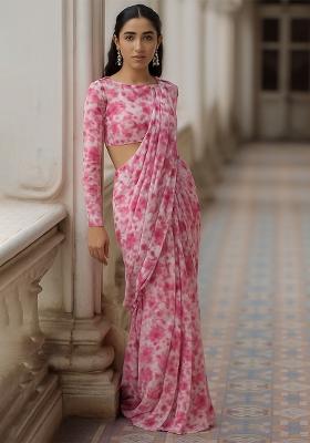 Pink Floral Printed Chiffon Pre Draped Saree Set