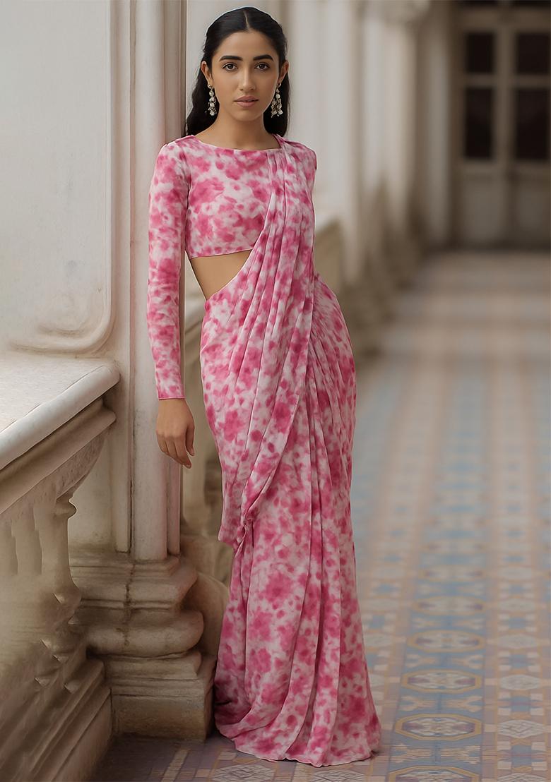 Pink Floral Printed Chiffon Pre Draped Saree Set