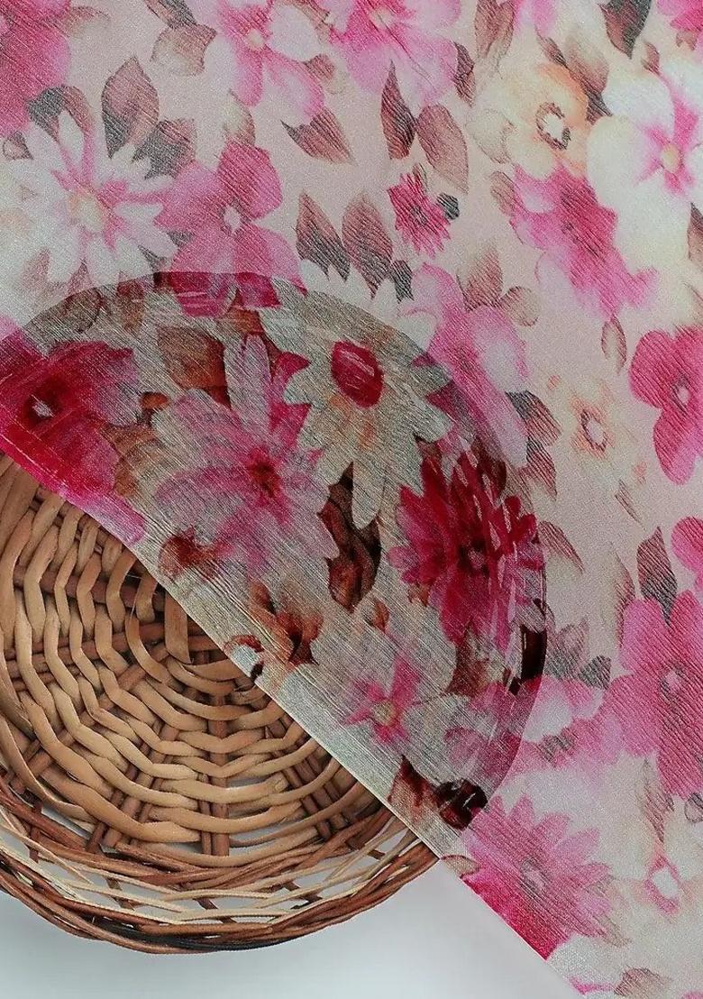 Pink Floral Printed Chiffon Pre Draped Saree Set