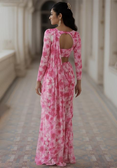Pink Floral Printed Chiffon Pre Draped Saree Set