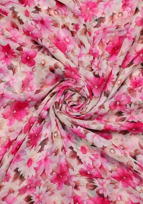 Pink Floral Printed Chiffon Pre Draped Saree Set