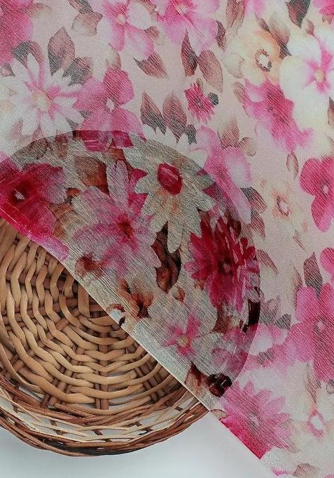 Pink Floral Printed Chiffon Pre Draped Saree Set