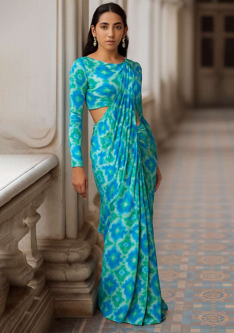 Sky Blue Ikat Printed Chiffon Pre Draped Saree Set - Indya
