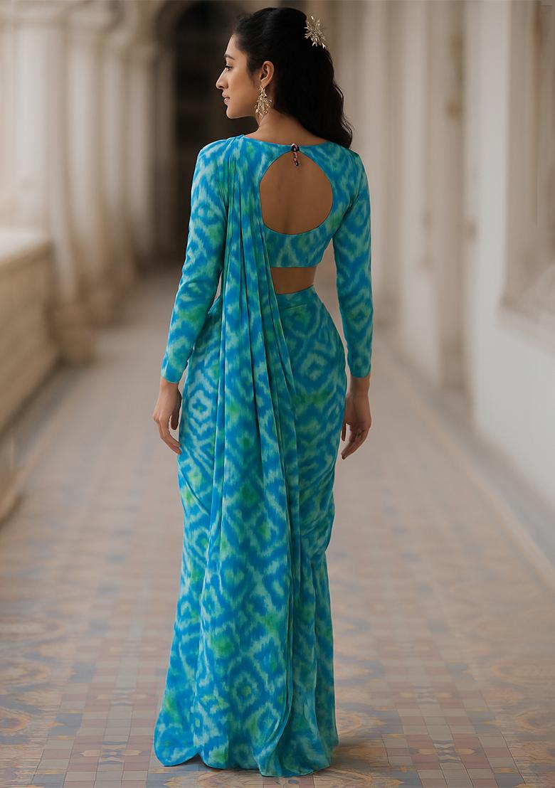 Sky Blue Ikat Printed Chiffon Pre Draped Saree Set - Indya