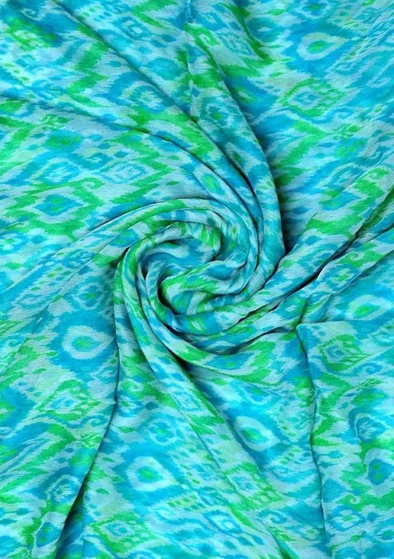 Sky Blue Ikat Printed Chiffon Pre Draped Saree Set - Indya