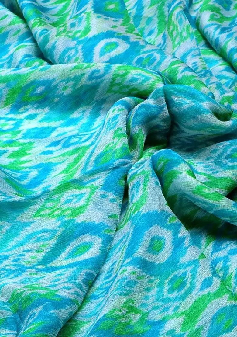 Sky Blue Ikat Printed Chiffon Pre Draped Saree Set - Indya