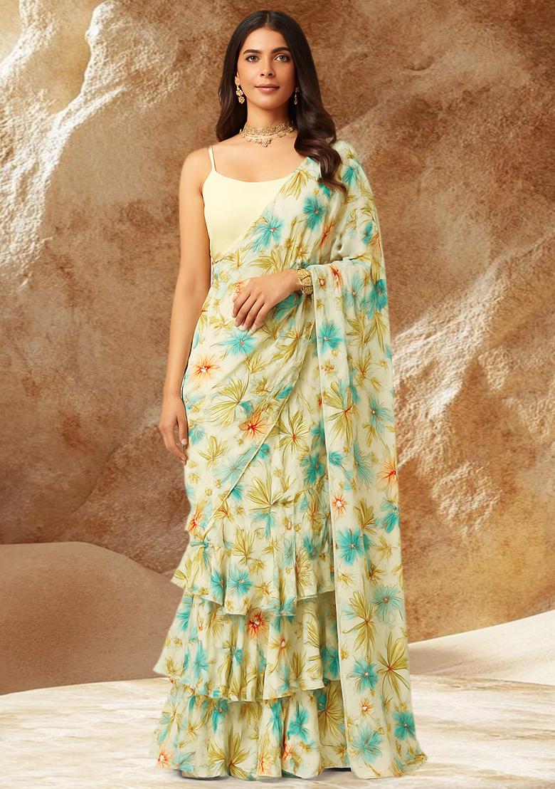 Beige Floral Printed Chiffon Pre Draped Saree Set