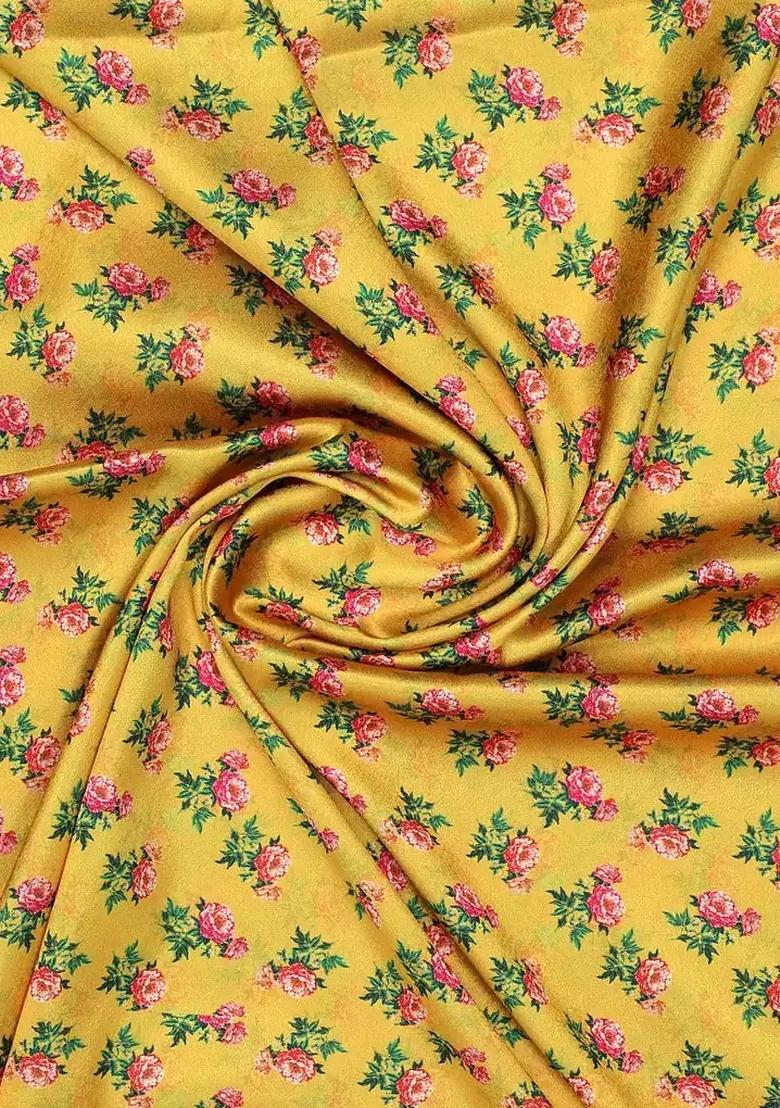 Yellow Floral Printed Satin Pre Draped Saree Set