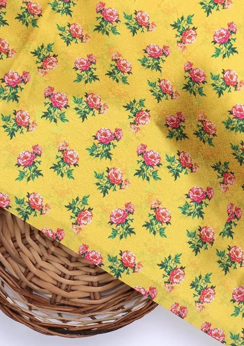 Yellow Floral Printed Satin Pre Draped Saree Set