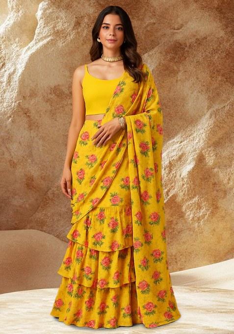 Yellow Floral Printed Satin Pre Draped Saree Set