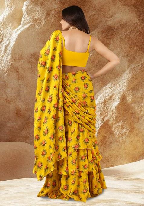 Yellow Floral Printed Satin Pre Draped Saree Set