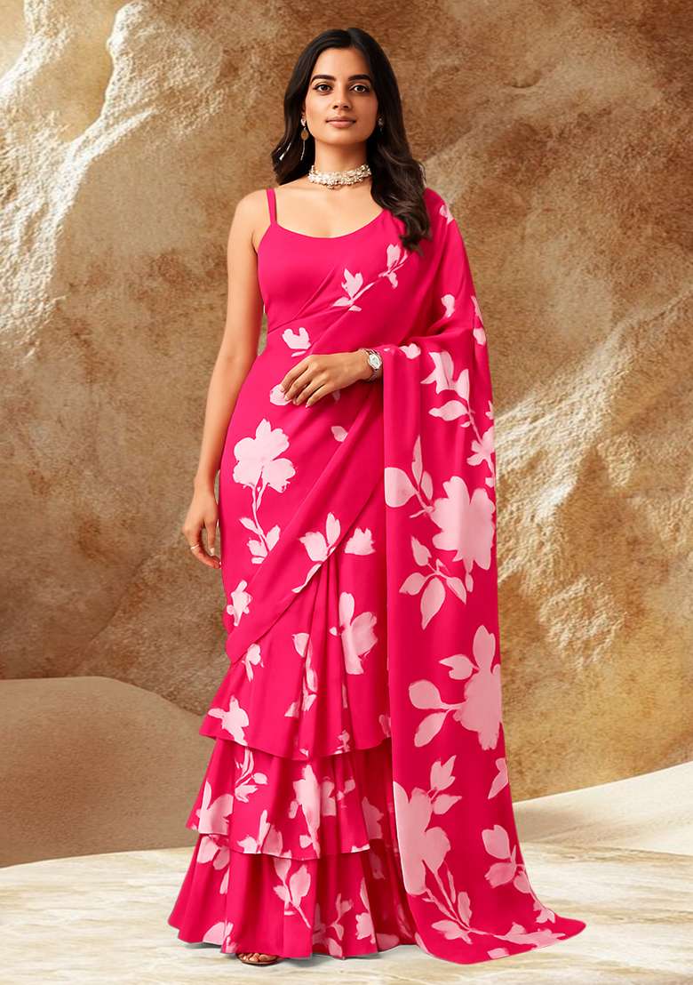 Pink Floral Printed Satin Pre Draped Saree Set - Indya