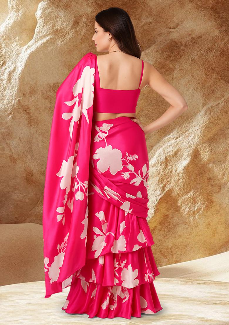 Pink Floral Printed Satin Pre Draped Saree Set - Indya