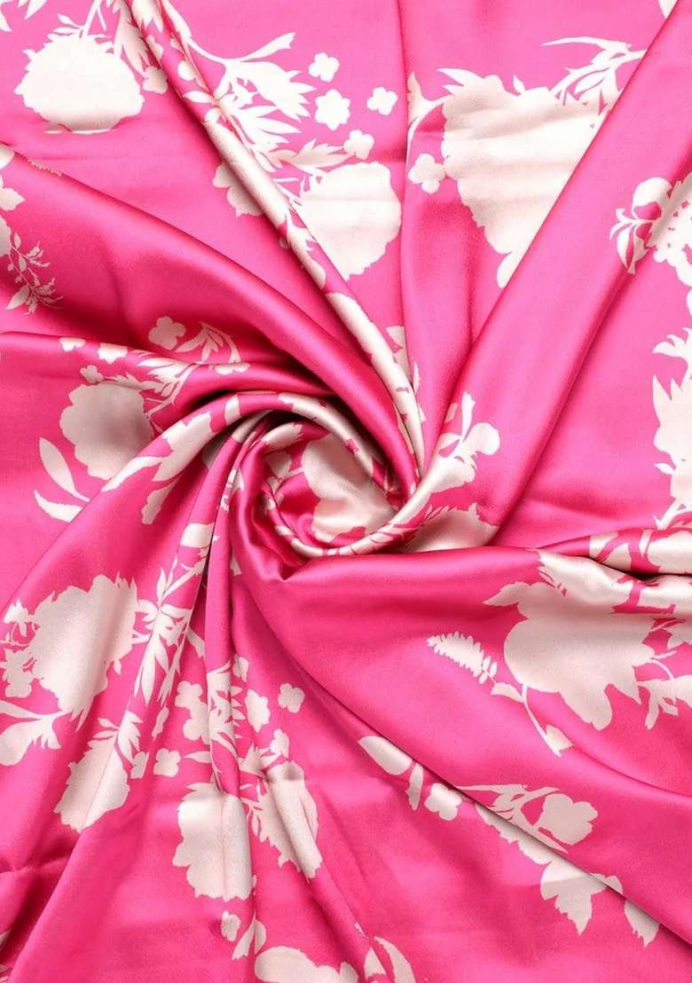 Pink Floral Printed Satin Pre Draped Saree Set - Indya