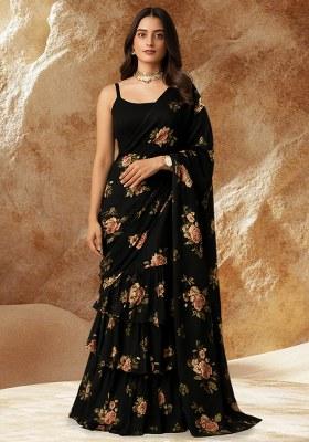 Black Floral Printed Satin Pre Draped Saree Set