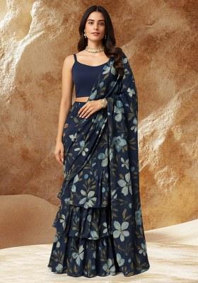 Blue Floral Printed Chiffon Pre Draped Saree Set
