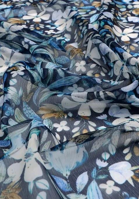 Blue Floral Printed Chiffon Pre Draped Saree Set