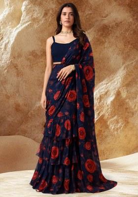 Dark Blue Floral Printed Chiffon Pre Draped Saree Set