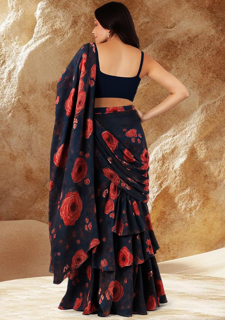 Dark Blue Floral Printed Chiffon Pre Draped Saree Set - Indya