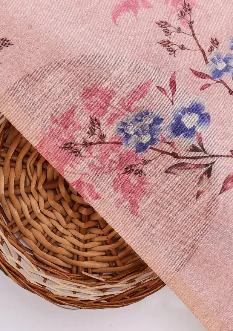 Pink Floral Printed Silk Pre Draped Saree Set