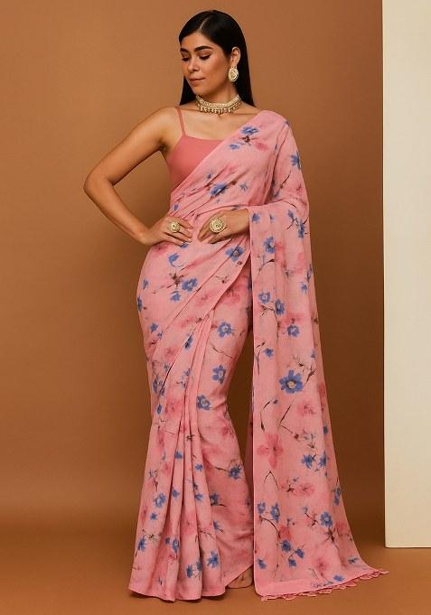 Pink Floral Printed Silk Pre Draped Saree Set