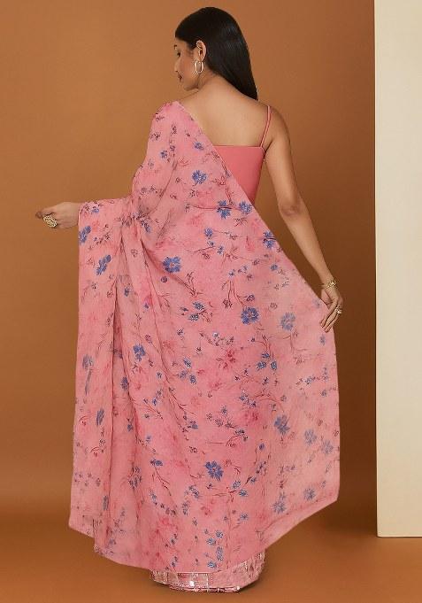 Pink Floral Printed Silk Pre Draped Saree Set