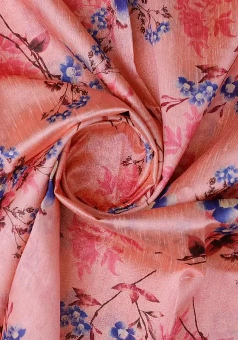Pink Floral Printed Silk Pre Draped Saree Set