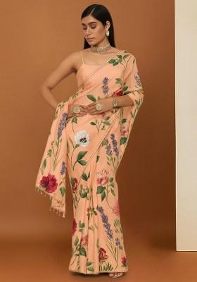 Peach Floral Printed Crepe Pre Draped Saree Set