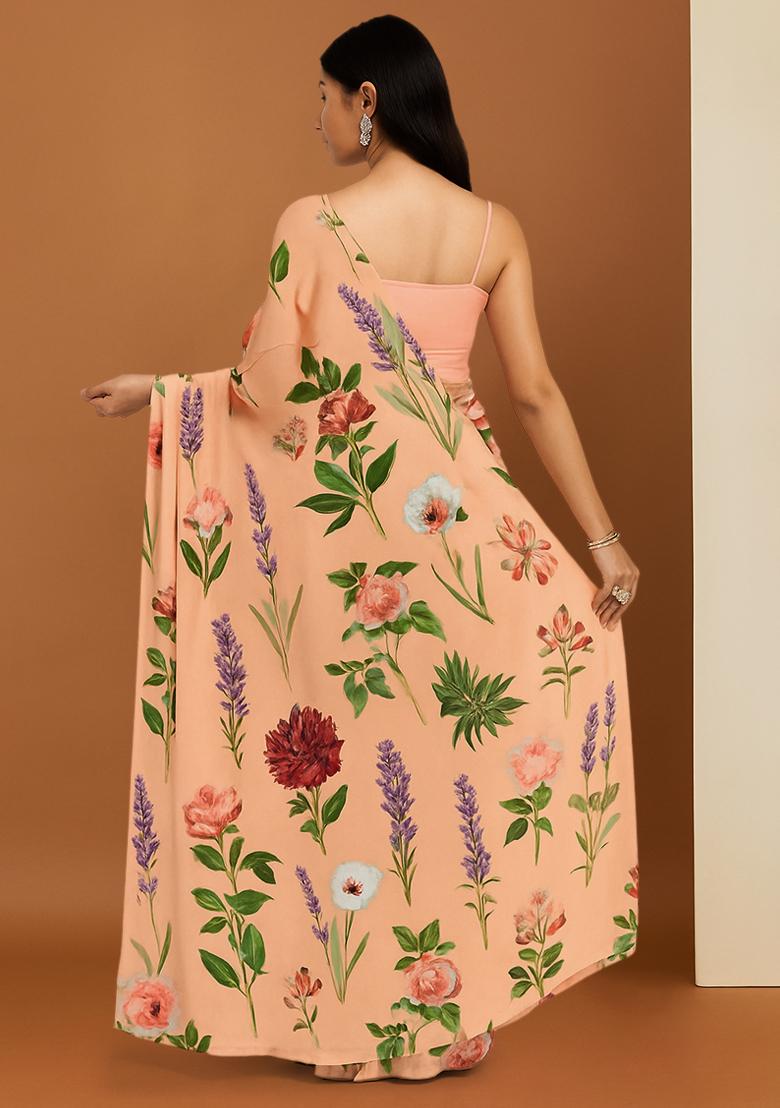 Peach Floral Printed Crepe Pre Draped Saree Set - Indya