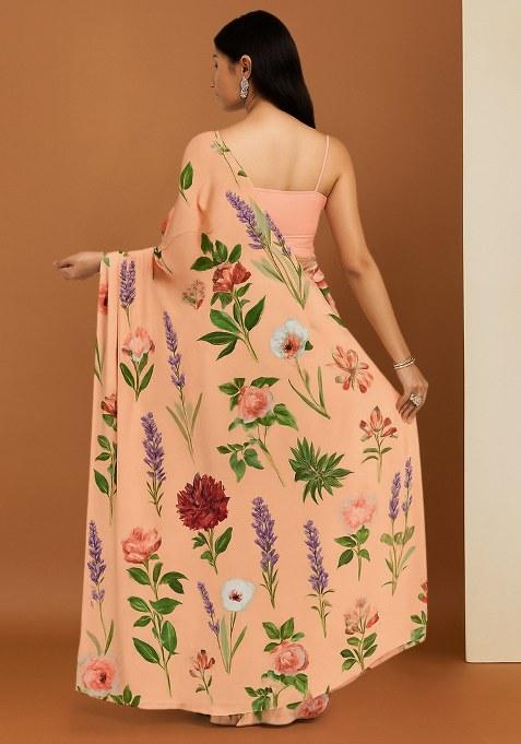 Peach Floral Printed Crepe Pre Draped Saree Set
